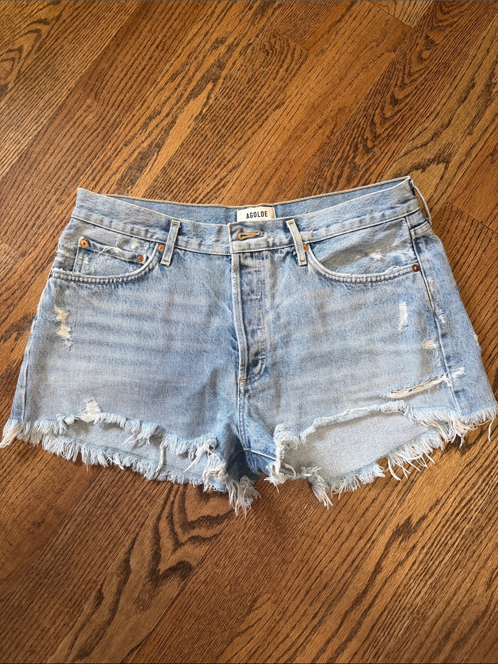 Agolde Light Wash Distressed Denim Cutoff Shorts